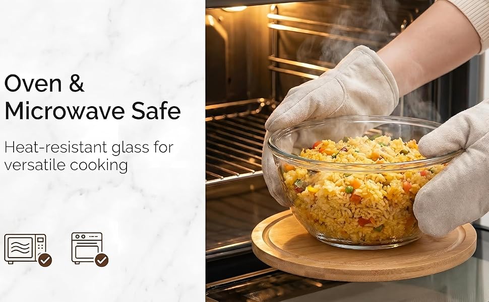 Borosilicate Glass Mixing Bowls, Set of 3 (2.8, 2.2, 1.1QT) - Heavy-Duty, Scratch Resistant & Lead-Free. Oven, Microwave, Dishwasher & Freezer Safe. Ideal for Meal Prep, Baking, Serving.