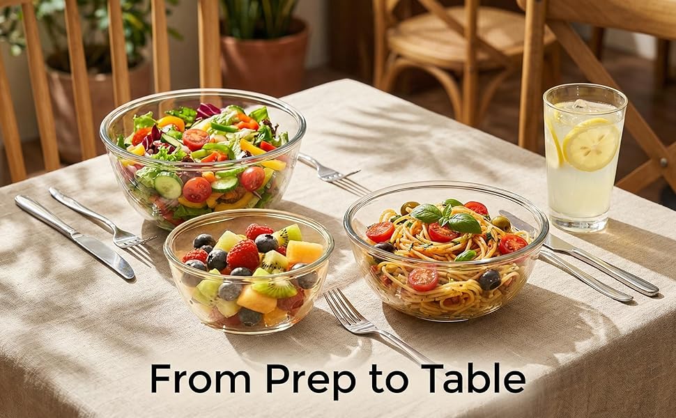 Borosilicate Glass Mixing Bowls, Set of 3 (2.8, 2.2, 1.1QT) - Heavy-Duty, Scratch Resistant & Lead-Free. Oven, Microwave, Dishwasher & Freezer Safe. Ideal for Meal Prep, Baking, Serving.