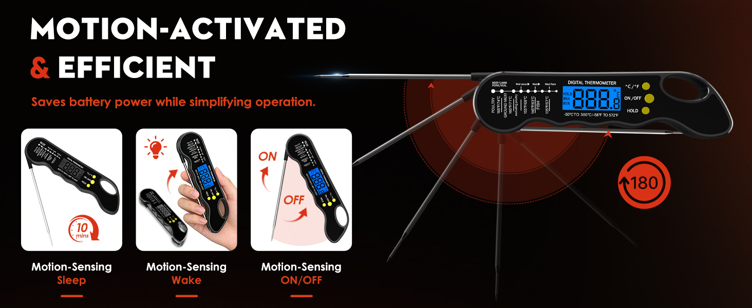 Instant Read Meat Thermometer, Fast and Accurate Digital Food Thermometer with Magnet, Backlight, Waterproof for Cooking, BBQ, Grilling, Baking, Smoker, Candy Making (Black)