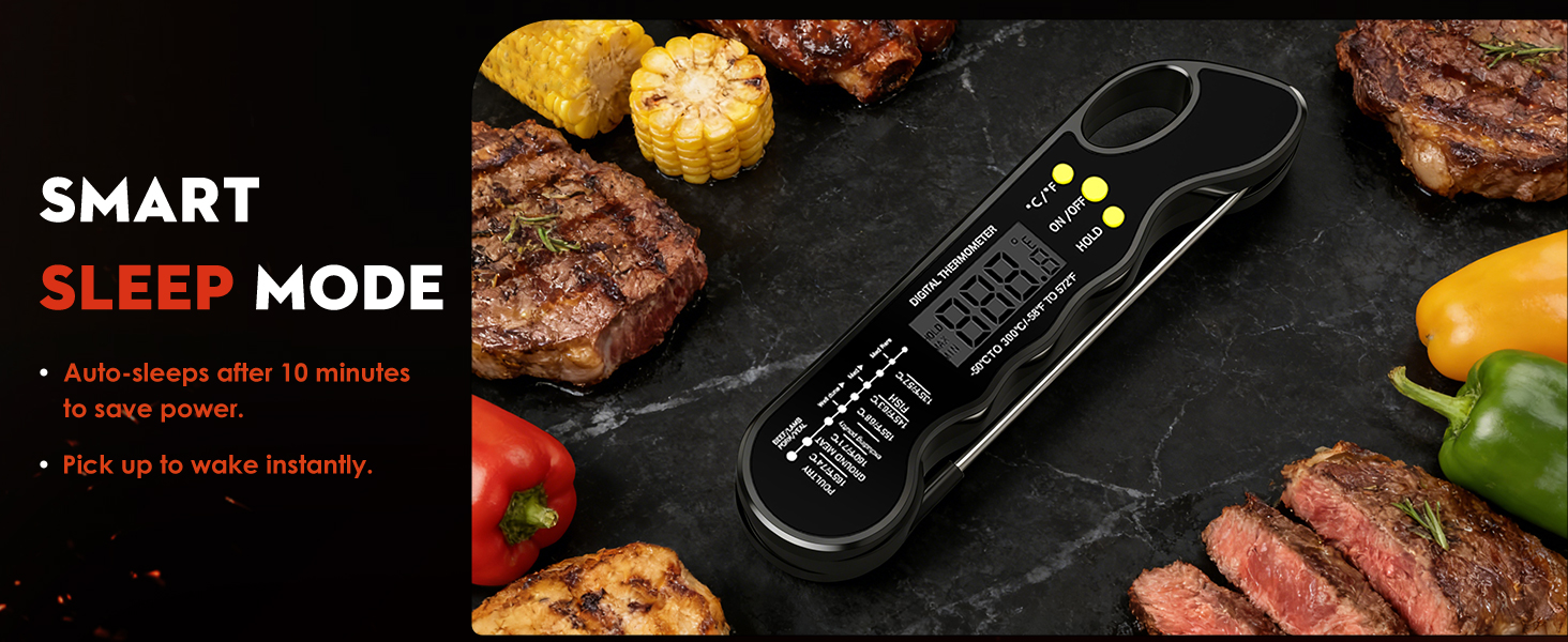Instant Read Meat Thermometer, Fast and Accurate Digital Food Thermometer with Magnet, Backlight, Waterproof for Cooking, BBQ, Grilling, Baking, Smoker, Candy Making (Black)