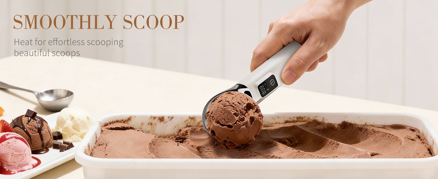 Heated Ice Cream Scoop Rechargeable, Electric Ice Cream Scoop for Hard Icecream and More with LED Display, Self-Warming Heats To 158℉, IP67 Waterproof Easy To Clean, Ideal Kitchen Gifts (White)