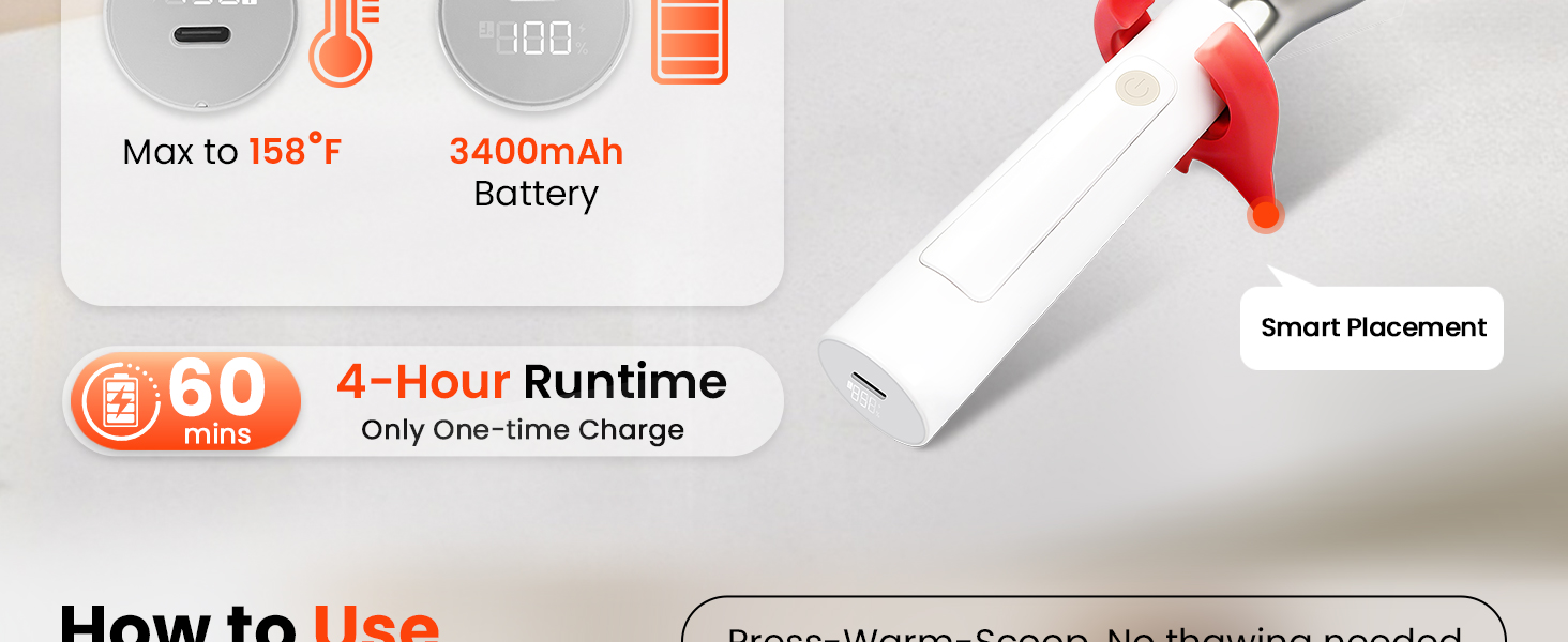 Heated Ice Cream Scoop, Electric Ice Cream Scooper Rechargeable - 3400mAh Battery, LED Display, Heating Up to 158°F for Hard Ice Cream, Gelato, Frozen Yogurt & Sorbet