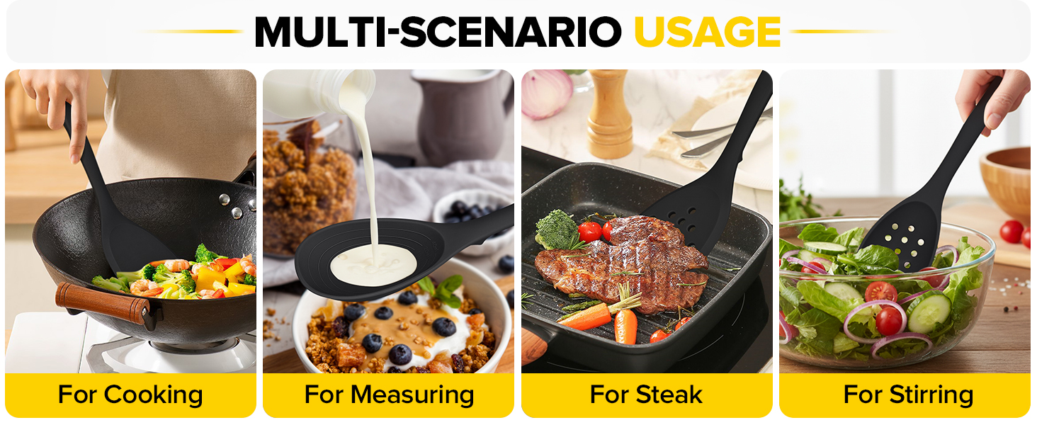 Silicone Cooking Utensils Set, 9 Pcs Heat Resistant Kitchen Utensils with Back Hooks, BPA Free Kitchen Tools with Spatulas, Spoons, Skimmer and Pasta Fork for Non Stick Cookware (BLACK)