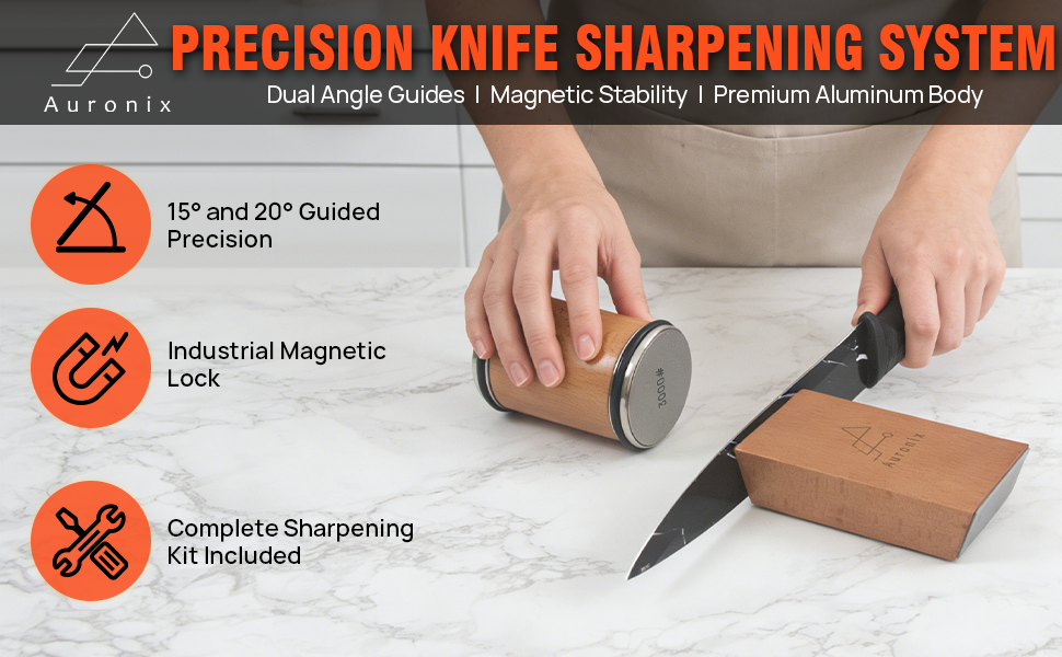 Rolling Knife Sharpener Kit with 1000 & 3000 Grit Diamond Discs, 15°/20° Magnetic Angle Guide for Kitchen Knives -Eraser, Finger Protector, Leather Strop & Carry Bag