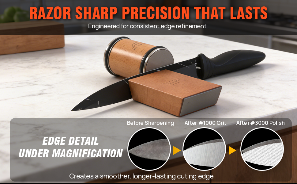 Rolling Knife Sharpener Kit with 1000 & 3000 Grit Diamond Discs, 15°/20° Magnetic Angle Guide for Kitchen Knives -Eraser, Finger Protector, Leather Strop & Carry Bag