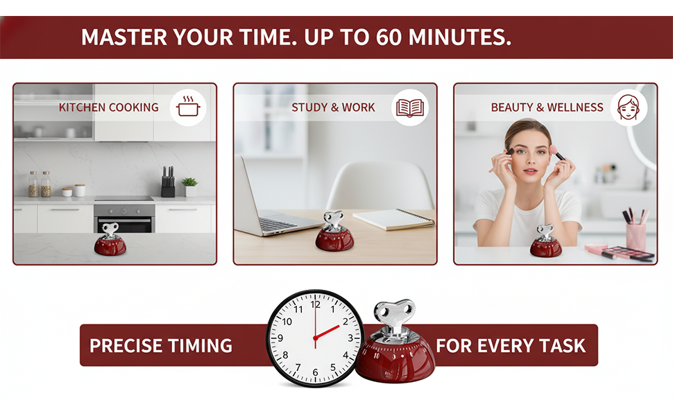 Retro Kitchen Timer Magnetic Mechanical 60 Minute Wind Up Timer No Batteries, Loud Alarm Timer for Cooking, Baking, Classroom, ABS Portable Kitchen Timer, Magnetic Mechanical Timing（Red ）