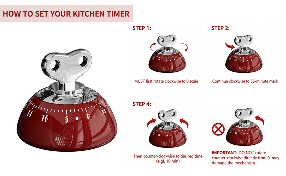Retro Kitchen Timer Magnetic Mechanical 60 Minute Wind Up Timer No Batteries, Loud Alarm Timer for Cooking, Baking, Classroom, ABS Portable Kitchen Timer, Magnetic Mechanical Timing（Red ）