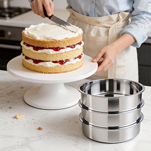 tifanso Set of 3 Stainless Steel Cake Pans - 8 Inch Round Layer Cake Baking Pan Molds, Stackable Even Heating Baking Set, Dishwasher Safe Bakeware Tins for Home Bakers, Birthday Party Wedding