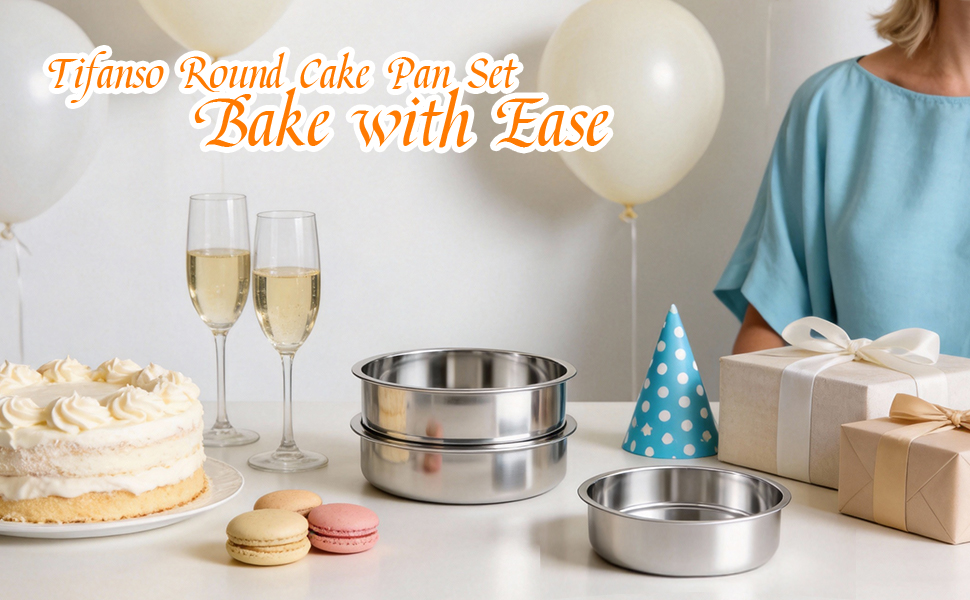 tifanso Set of 3 Stainless Steel Cake Pans - 8 Inch Round Layer Cake Baking Pan Molds, Stackable Even Heating Baking Set, Dishwasher Safe Bakeware Tins for Home Bakers, Birthday Party Wedding