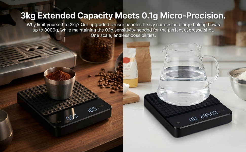 Coffee Scale with Timer 3kg/0.1g High Precision Digital Espresso Scale for Pour Over and Drip Coffee Large Gram Scale for Kitchen Baking and Jewelry with Rechargeable Battery and Silicone Mat
