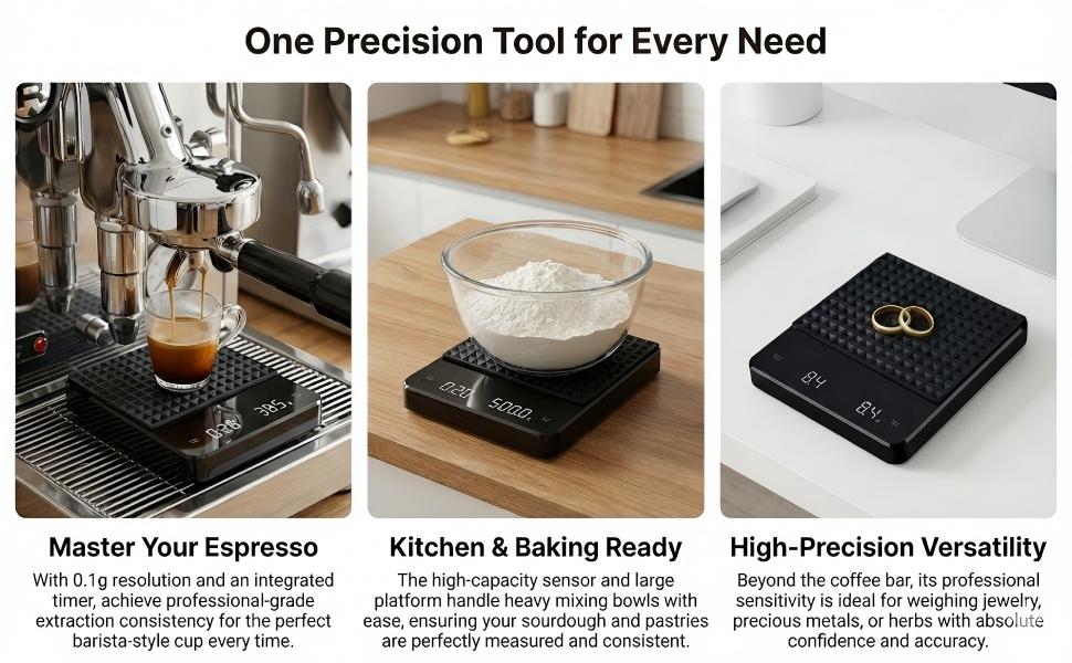 Coffee Scale with Timer 3kg/0.1g High Precision Digital Espresso Scale for Pour Over and Drip Coffee Large Gram Scale for Kitchen Baking and Jewelry with Rechargeable Battery and Silicone Mat