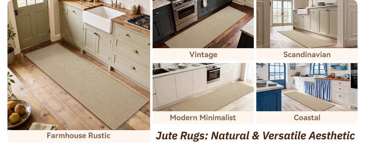 RESARE 100% Jute Kitchen Rugs Non Slip, 17