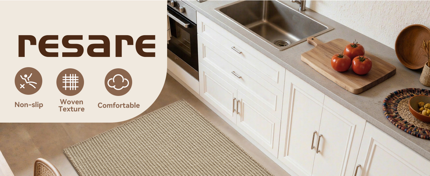RESARE 100% Jute Kitchen Rugs Non Slip, 17
