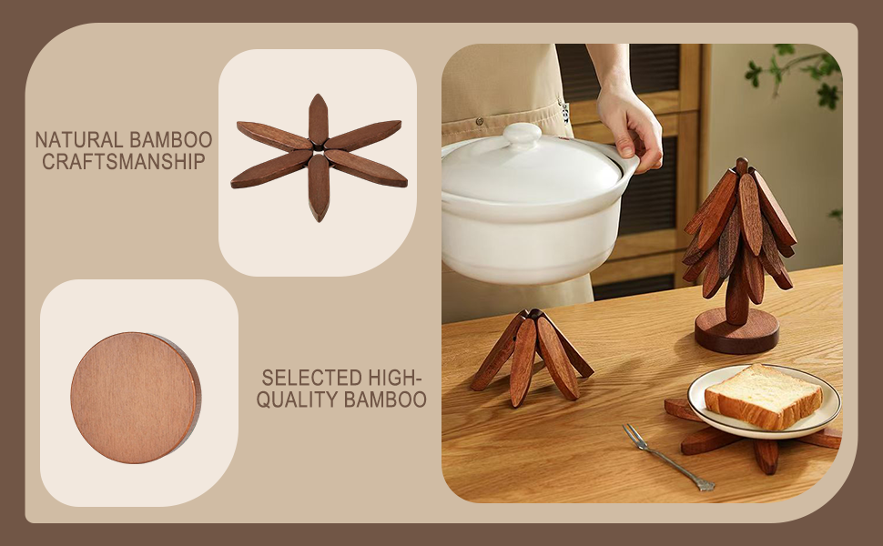 Bamboo Trivets for Hot Dishes, Tree Shape Trivet Set, 5 Bamboo + 1 Stand stored Like a Tree,Foldable Kitchen Wooden Trivet, for Hot Pot Holders for Pots, Bowls and Teapot