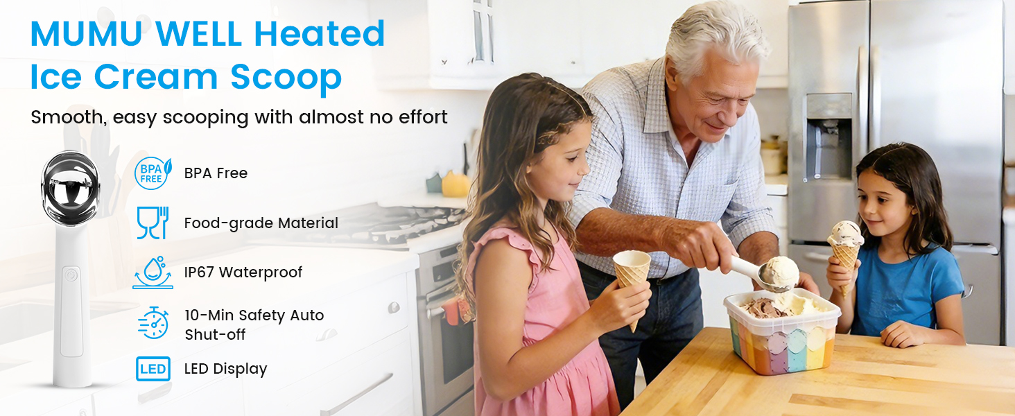 Heated Ice Cream Scoop Rechargeable, Electric Scooper for Hard Icecream, Warming Spoon with LED Display, Fast Charge, Easy To Clean - White