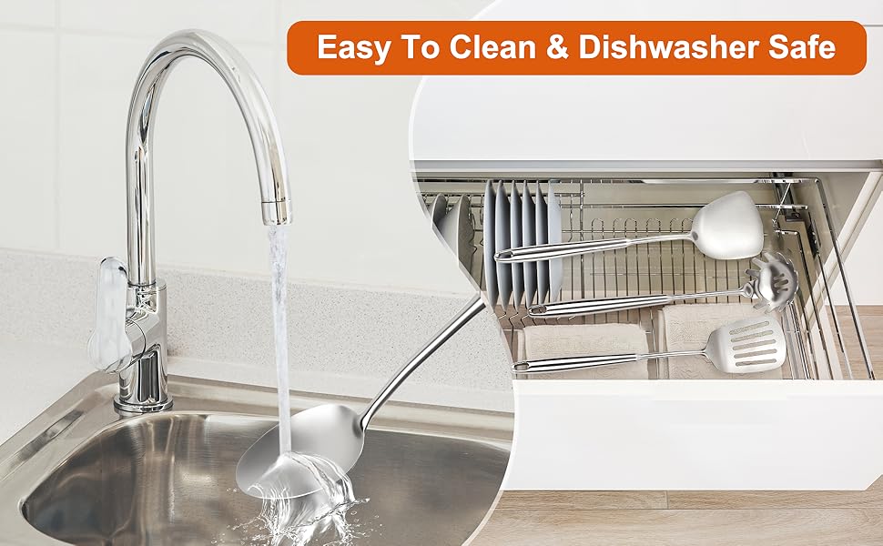 304 Stainless Steel Cooking Utensils Set, 16PCS Stainless Steel Kitchen Utensils Set, Metal Kitchen Utensils Set Include Meat Fork, Tongs, Turner, Soup Ladle, Dishwasher Safe