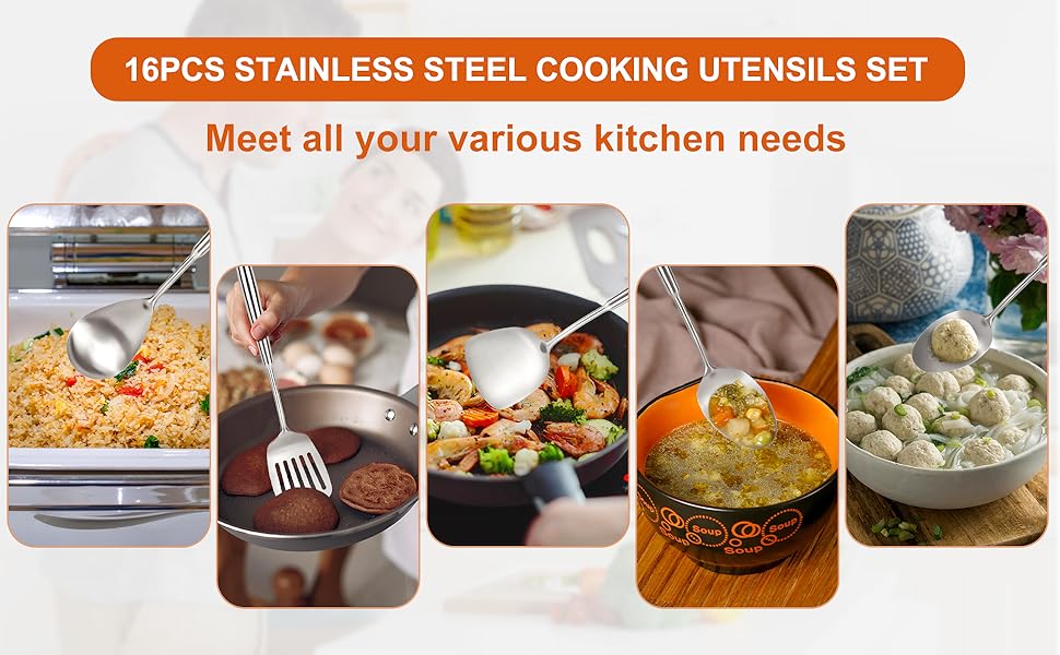 304 Stainless Steel Cooking Utensils Set, 16PCS Stainless Steel Kitchen Utensils Set, Metal Kitchen Utensils Set Include Meat Fork, Tongs, Turner, Soup Ladle, Dishwasher Safe