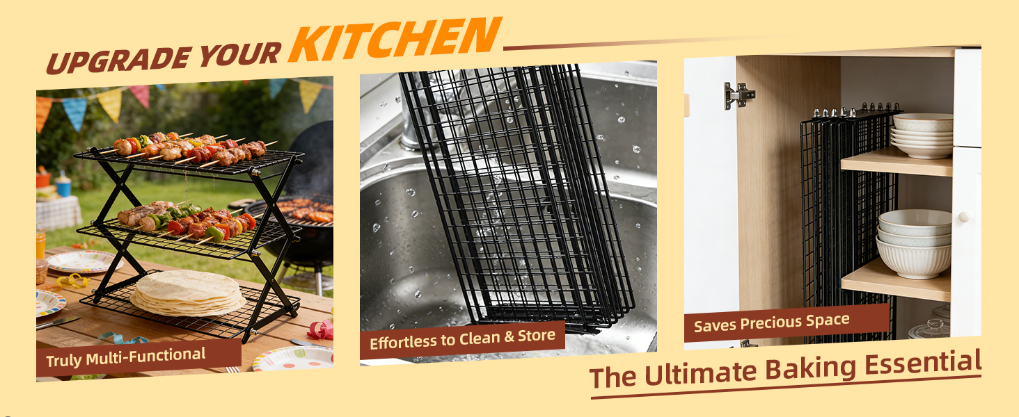 4 Tier Collapsible Cooling Rack with Adjustable 6 Setting Design stackable wire rack for baking sheet for Cookies Baking Gifts for Women (Black, 4-Tier)