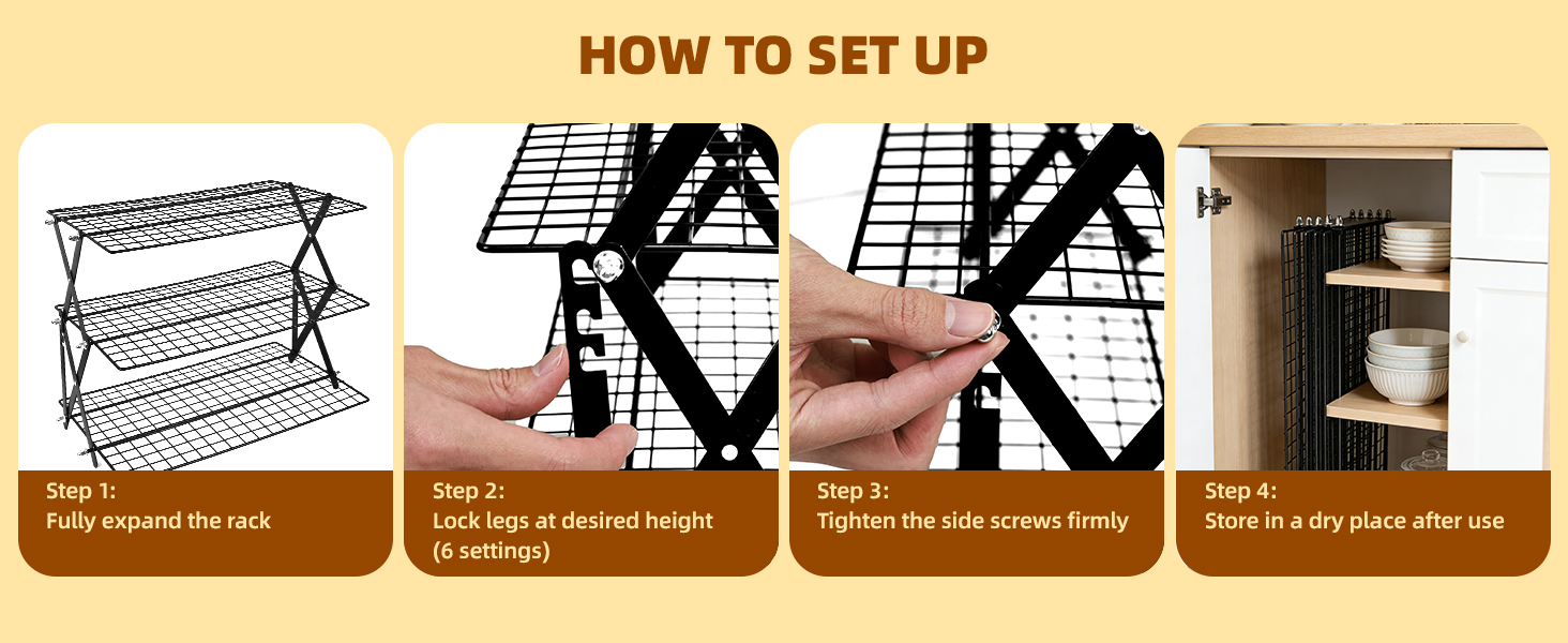 4 Tier Collapsible Cooling Rack with Adjustable 6 Setting Design stackable wire rack for baking sheet for Cookies Baking Gifts for Women (Black, 4-Tier)