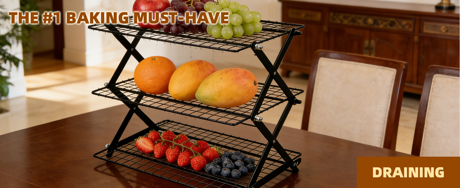 4 Tier Collapsible Cooling Rack with Adjustable 6 Setting Design stackable wire rack for baking sheet for Cookies Baking Gifts for Women (Black, 4-Tier)