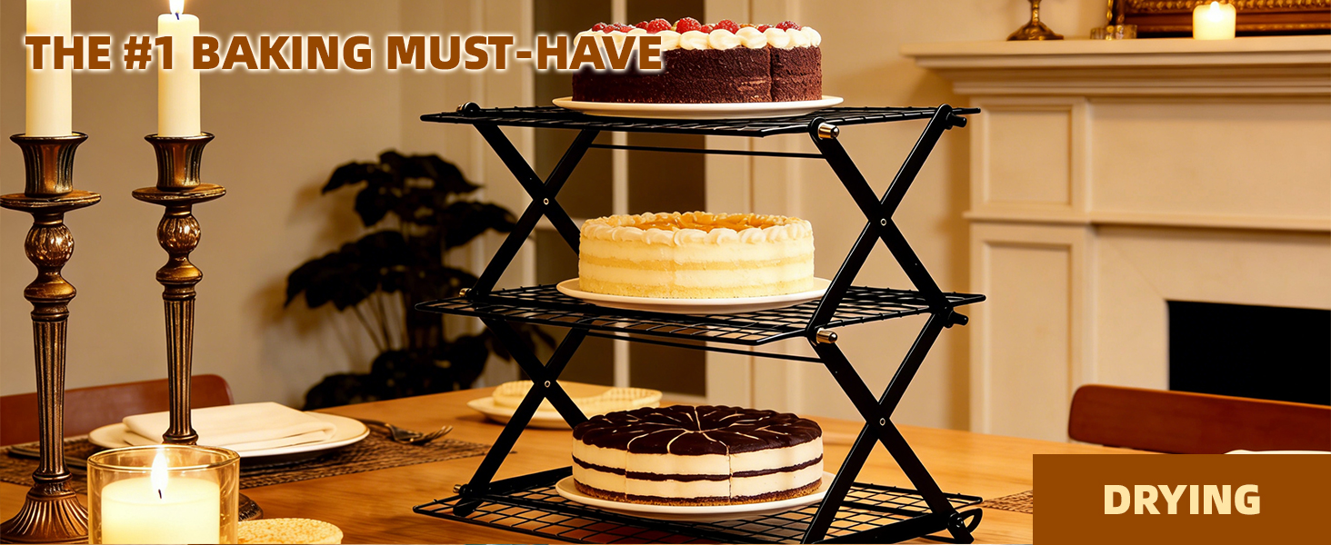 4 Tier Collapsible Cooling Rack with Adjustable 6 Setting Design stackable wire rack for baking sheet for Cookies Baking Gifts for Women (Black, 4-Tier)