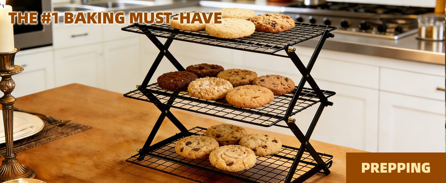4 Tier Collapsible Cooling Rack with Adjustable 6 Setting Design stackable wire rack for baking sheet for Cookies Baking Gifts for Women (Black, 4-Tier)