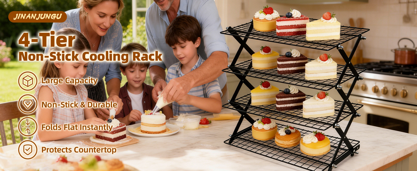 4 Tier Collapsible Cooling Rack with Adjustable 6 Setting Design stackable wire rack for baking sheet for Cookies Baking Gifts for Women (Black, 4-Tier)