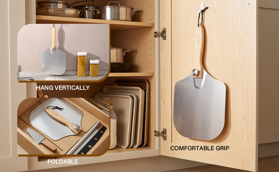 Pizza Peel 12-Inch Aluminum Pizza Paddle & Spatula with Pizza Cutter Rocker, Foldable Wood Handle – Pizza Server for Baking Homemade Bread, Pastry & Dough, for Family Pizza Oven