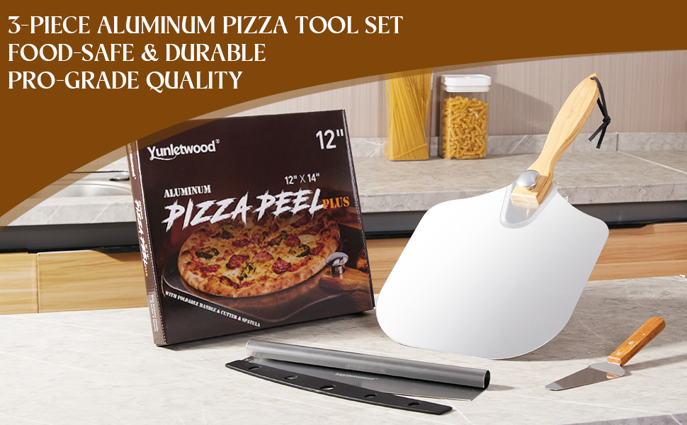 Pizza Peel 12-Inch Aluminum Pizza Paddle & Spatula with Pizza Cutter Rocker, Foldable Wood Handle – Pizza Server for Baking Homemade Bread, Pastry & Dough, for Family Pizza Oven