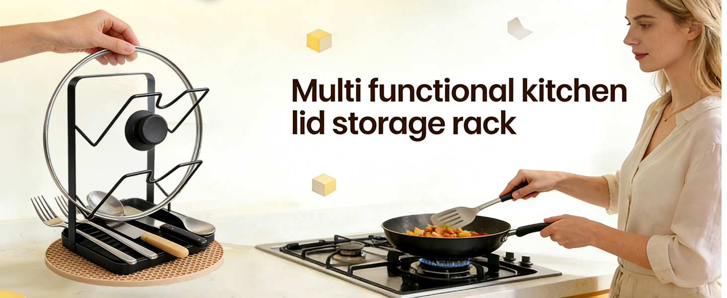 Kitchen Pot Lid Storage Rack, Versatile Pot Lid Holder, Pots Lids Organizer Rack With Removable Drip Tray, Stainless Steel Spoon Rest, Space-Saving Lid Rack, Suitable For Kitchen Utensil Storage