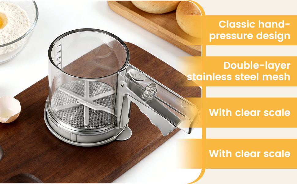 3 Cup Flour Sifter, Sifter for Baking Sifter Handheld Baking Sieve Food-Grade Double-Filter Stainless Steel Flour Sifter Non-Rust Sifter used for Rapid Screening of Flour Apricot Flour Sugar Powder