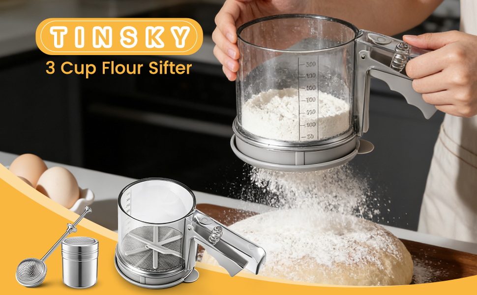 3 Cup Flour Sifter, Sifter for Baking Sifter Handheld Baking Sieve Food-Grade Double-Filter Stainless Steel Flour Sifter Non-Rust Sifter used for Rapid Screening of Flour Apricot Flour Sugar Powder