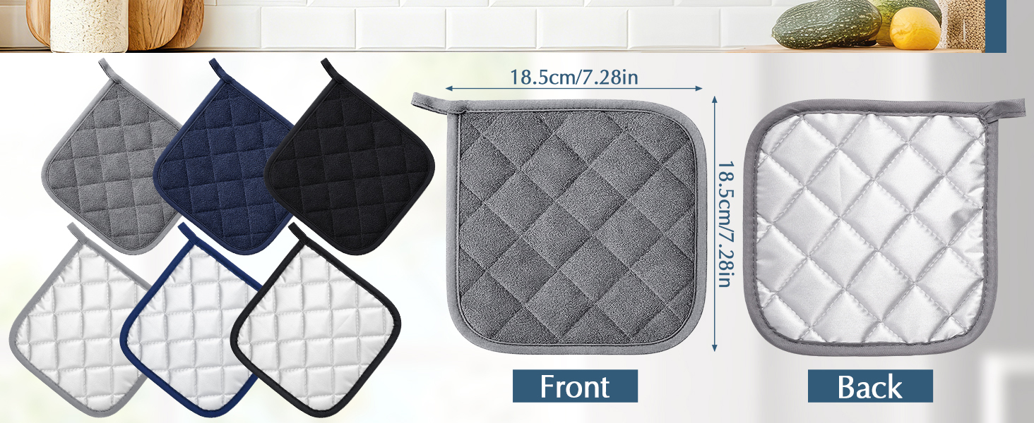 6 PCS Cotton Pot Holders for Kitchen Heat Resistant Hot Pads Square Potholders Set Oven Mitts Trivets Black Blue Grey Kitchen Accessories