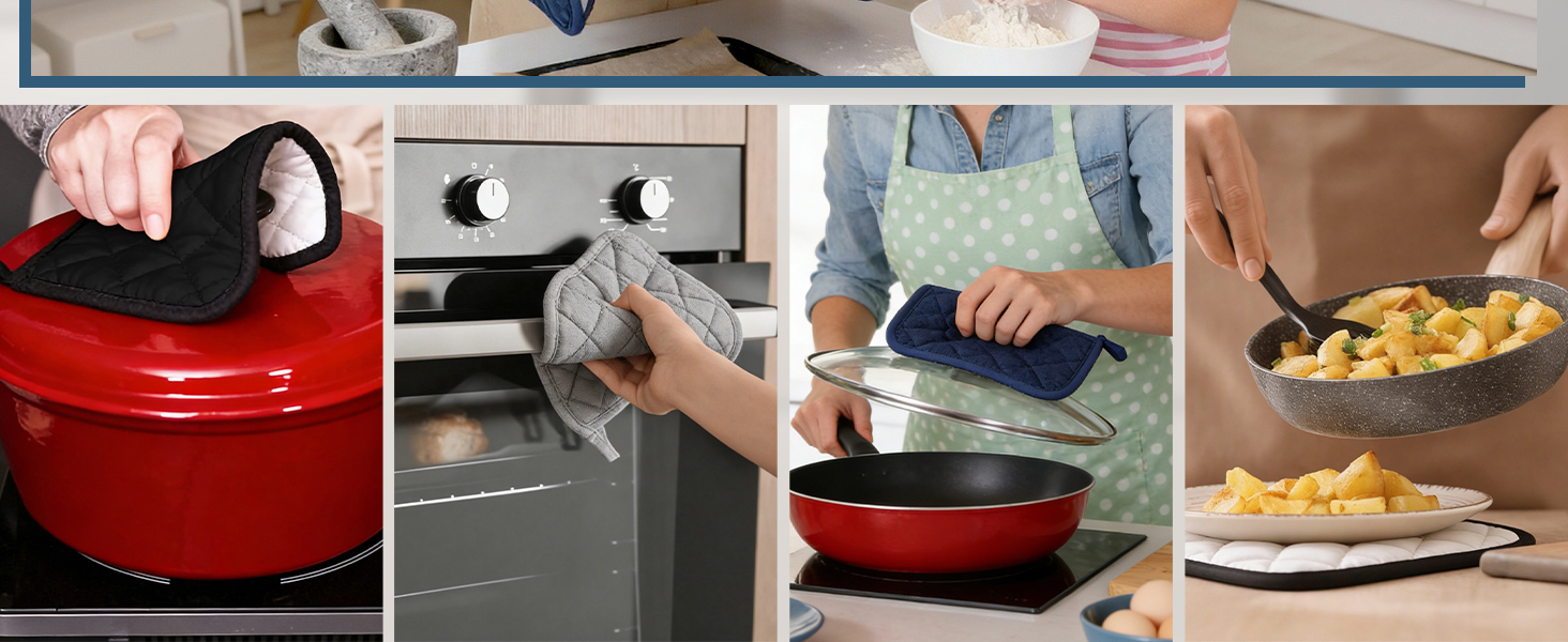 6 PCS Cotton Pot Holders for Kitchen Heat Resistant Hot Pads Square Potholders Set Oven Mitts Trivets Black Blue Grey Kitchen Accessories