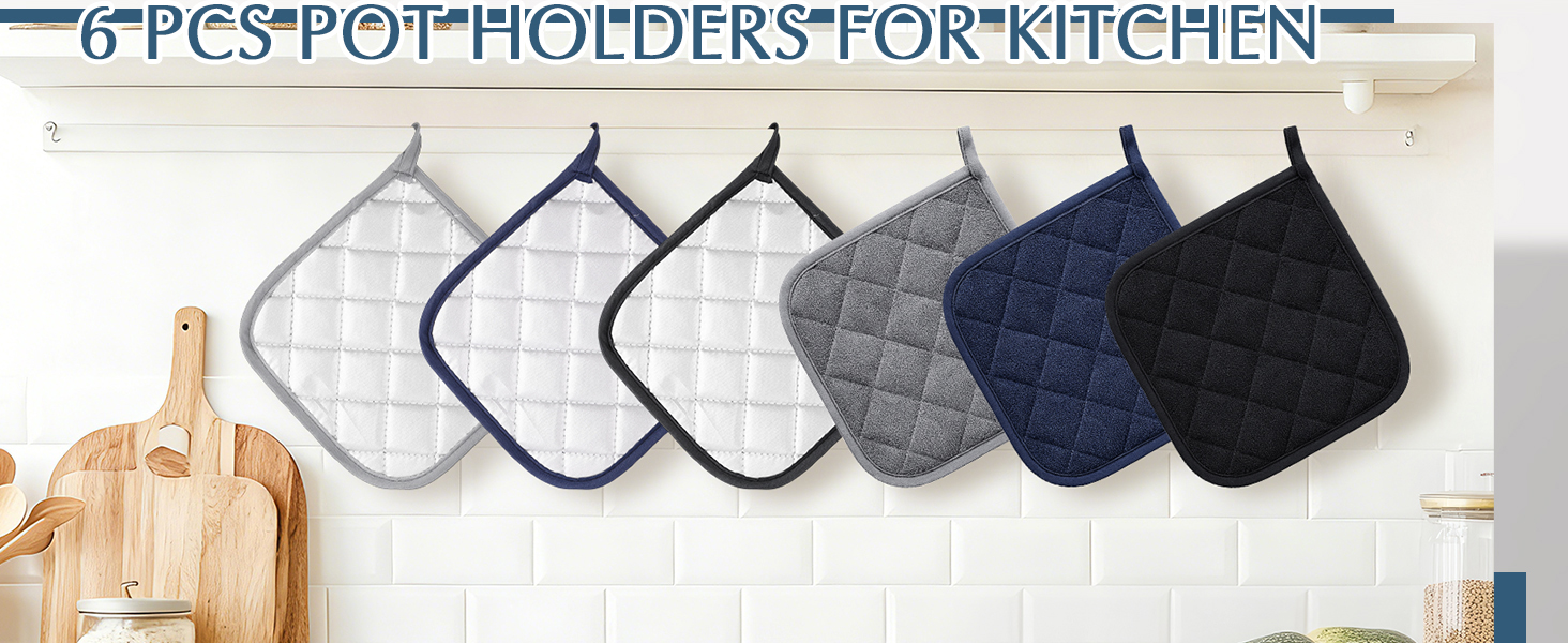 6 PCS Cotton Pot Holders for Kitchen Heat Resistant Hot Pads Square Potholders Set Oven Mitts Trivets Black Blue Grey Kitchen Accessories