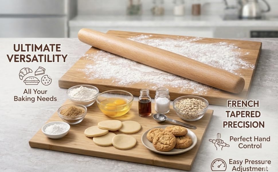 KinShare17-inch Wood Rolling Pin, Non-Stick Rolling Pin for Baking, Natural Beech Solid Wood Dough Roller for Pizza, Fondant, Pie, Cookie, Pastry, Essential Kitchen Tool