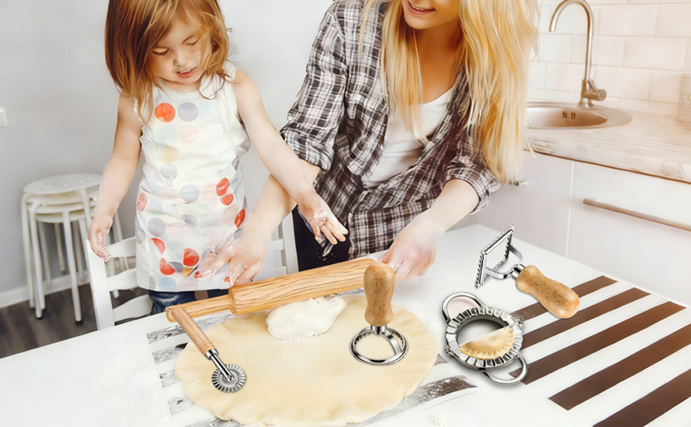 11 Pieces Ravioli Mold Set, Easy-to-Use Ravioli Maker Press with Ravioli Cutter Wheel, Pasta Cutter & Ravioli Making Kit, Wooden Pasta RollerPasta Making Tools for home，pasta lover