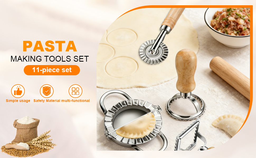 11 Pieces Ravioli Mold Set, Easy-to-Use Ravioli Maker Press with Ravioli Cutter Wheel, Pasta Cutter & Ravioli Making Kit, Wooden Pasta RollerPasta Making Tools for home，pasta lover