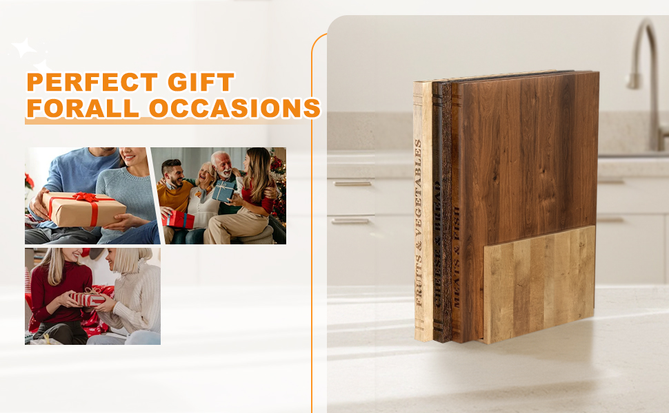 Book Cutting Board Set，100% Acacia Wood，Each Set Comprises Three Pieces, Including a Wooden Stand.Cheese, Bread and Grilled Meat Display