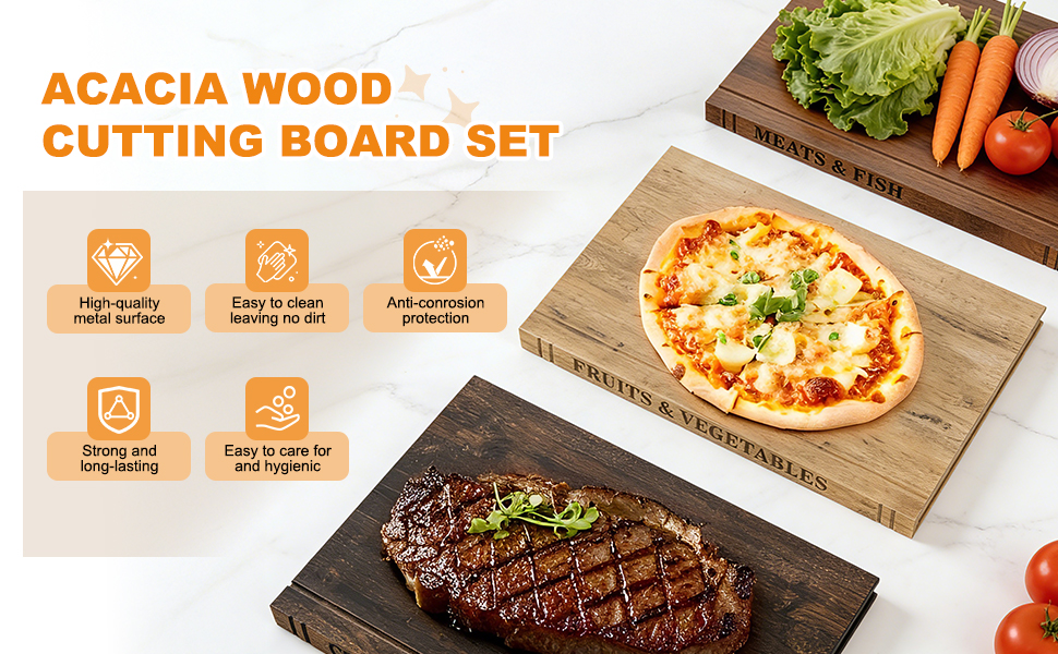 Book Cutting Board Set，100% Acacia Wood，Each Set Comprises Three Pieces, Including a Wooden Stand.Cheese, Bread and Grilled Meat Display