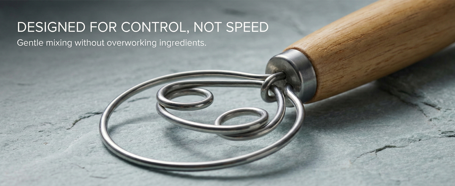 Danish Dough Whisk for Sourdough Bread, Bread Dough Whisk with Stainless Steel Loop and Ergonomic Wooden Handle, Dutch Whisk Mixing Tool for No-Knead Bread, Pizza Dough and Artisan Baking