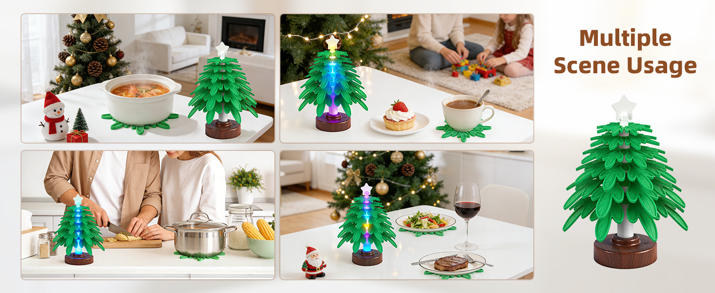 Silicone trivet tree Placemats, Tree Trivet Set-6pcs Trivets for HotDishes with Stand, Wooden-Style Tree Trivet Look, Non-Slip Washable Trivet, Trivets with RGB Light, Tree Pot Holder for Various dish