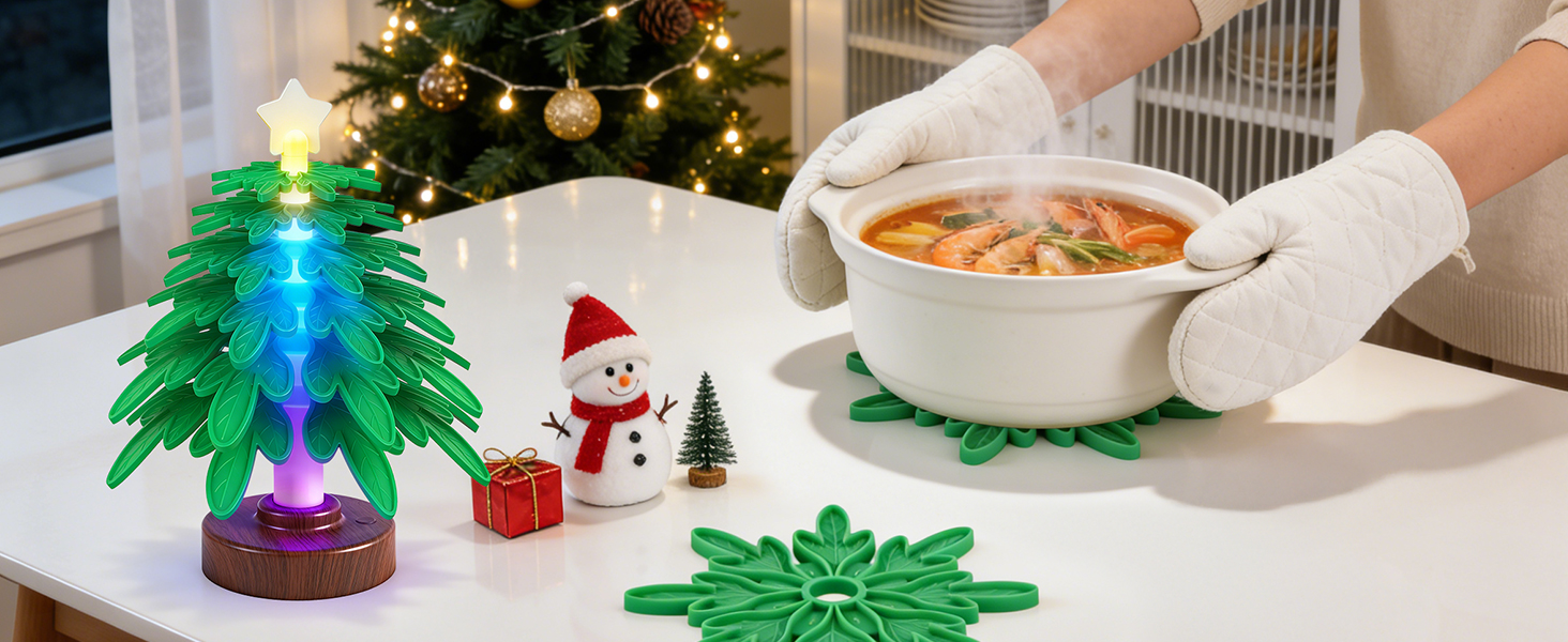 Silicone trivet tree Placemats, Tree Trivet Set-6pcs Trivets for HotDishes with Stand, Wooden-Style Tree Trivet Look, Non-Slip Washable Trivet, Trivets with RGB Light, Tree Pot Holder for Various dish