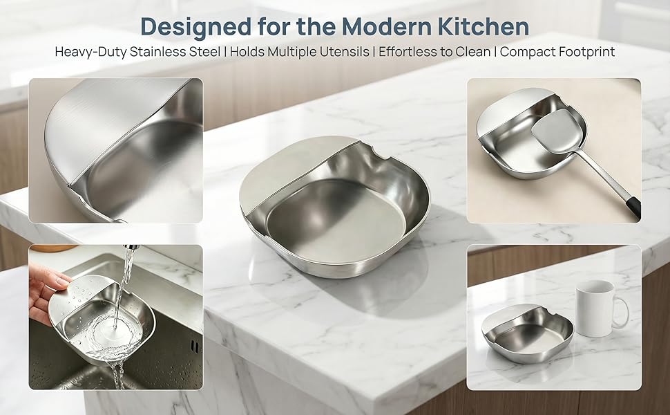 Stainless Steel Spoon Rest for Kitchen Counter & Stove Top, Multipurpose Kitchen Utensil Holder, Easy to Clean Kitchen Accessories, Heavy Duty Holder for Ladles, Tongs, Spatula, Chopsticks