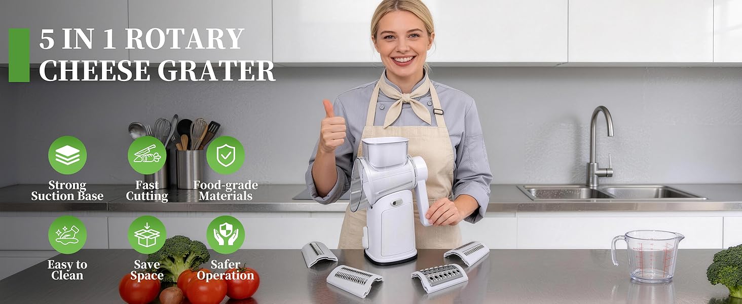 Cheese Grater Hand Crank with Integrated Storage Room, 5 Blades Cheese Grater Rotary with Handle, Potato Shredder, Kitchen Shredder for Vegetable, Fruit, Nut, Non-Slip Suction Base