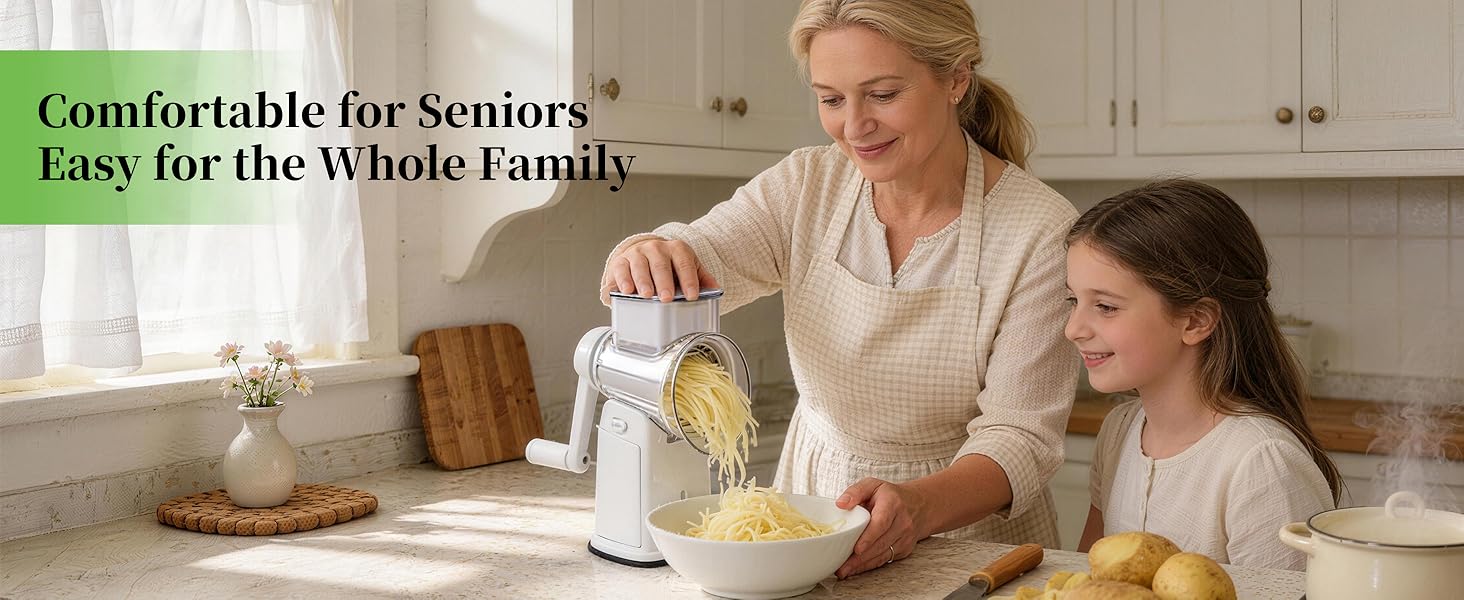 Cheese Grater Hand Crank with Integrated Storage Room, 5 Blades Cheese Grater Rotary with Handle, Potato Shredder, Kitchen Shredder for Vegetable, Fruit, Nut, Non-Slip Suction Base