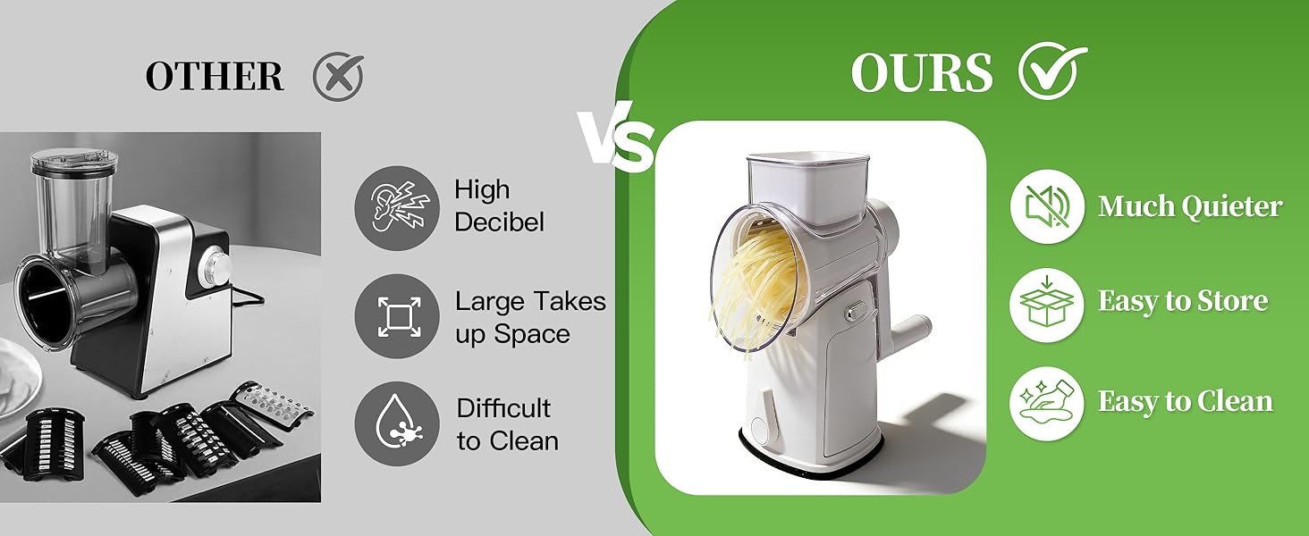 Cheese Grater Hand Crank with Integrated Storage Room, 5 Blades Cheese Grater Rotary with Handle, Potato Shredder, Kitchen Shredder for Vegetable, Fruit, Nut, Non-Slip Suction Base