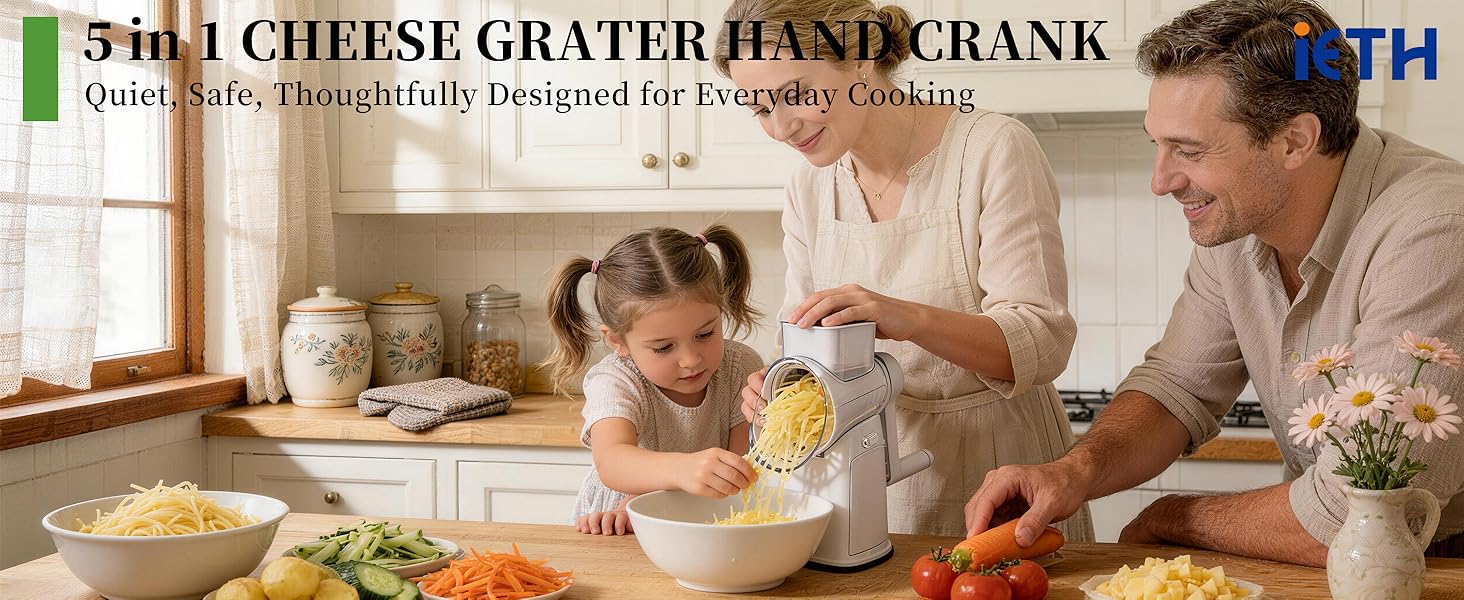 Cheese Grater Hand Crank with Integrated Storage Room, 5 Blades Cheese Grater Rotary with Handle, Potato Shredder, Kitchen Shredder for Vegetable, Fruit, Nut, Non-Slip Suction Base