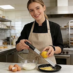 Stainless Steel Lemon Zester Grater with Handle, 12 Inch, Food Grade Kitchen Tool for Cheese, Garlic, Ginger, Chocolate, Citrus