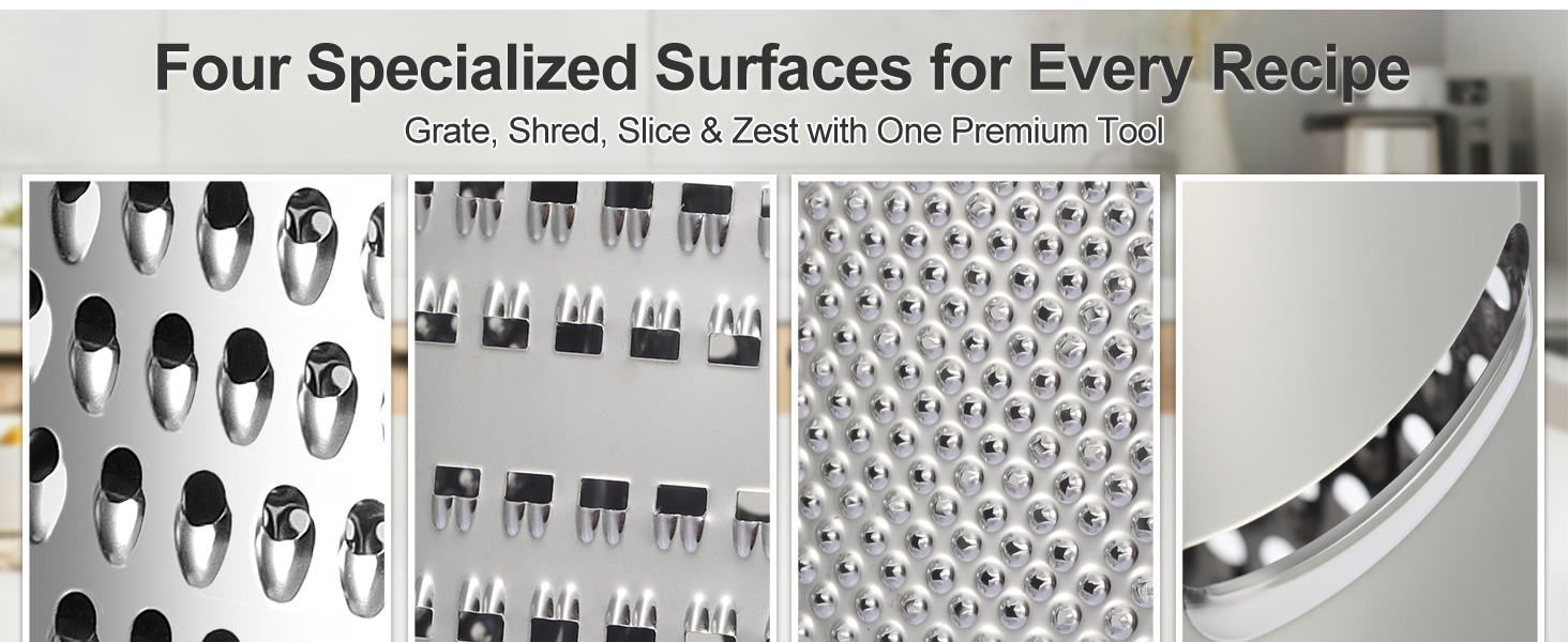 Ourokhome Cheese Grater, Handheld Box Grater with Container & Lid, 4-Sided Stainless Steel for Kitchen, Wavy Julienne, Slicer, Coarse Shred & Fine Zester, Non-Slip Base, Dishwasher Safe, 8 Inch